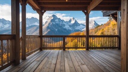 Wooden deck overlooking vibrant autumn mountains with clear blue sky and distant peaks, showcasing natural beauty and tranquility.