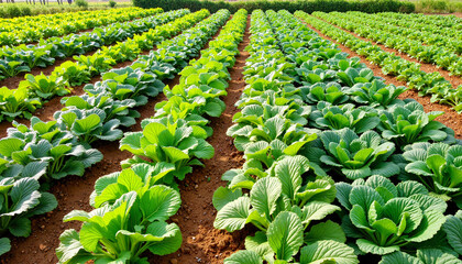 Lush vegetable garden rows with advanced irrigation system, sustainable farming
