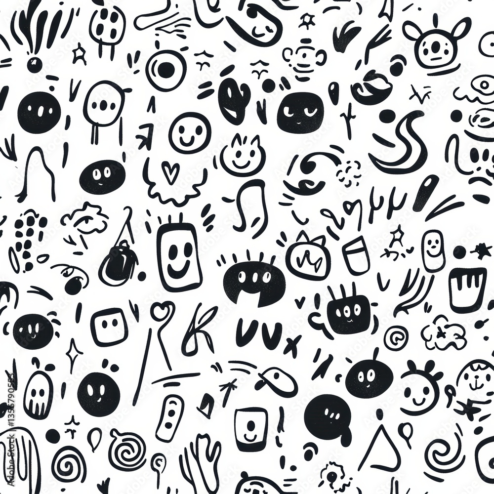 Aufkleber Seamless doodle pattern featuring hand-drawn icons and playful sketch lines in black ink on a white background Generative AI