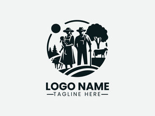 farmer and child with cow silhouette. Rural family life logo