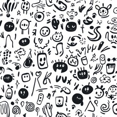 Seamless doodle pattern featuring hand-drawn icons and playful sketch lines in black ink on a white background Generative AI