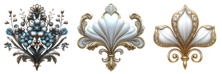 Collection of Elegant Ornamental Designs featuring intricate details and a blend of textures in golden and silver tones. Transparent PNG background