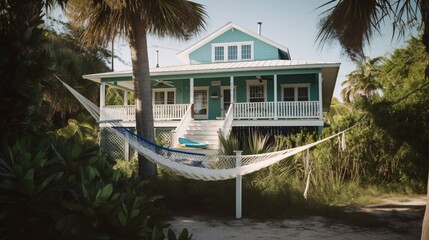 Fototapeta premium Serene Beach House with Hammock Offering Ultimate Relaxation on Tropical Island Getaway