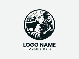 farmer and child with cow silhouette. Rural family life logo
