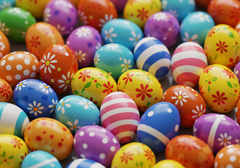 Obraz premium An array of vibrant Easter eggs adorned with cheerful stripes, flowers, and polka dots creates a festive holiday mood.