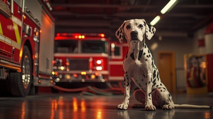 Proud dalmatian in fire station setting for canine enthusiasts and firefighter themes