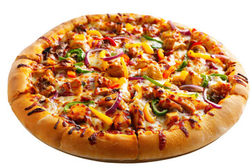 A delicious looking pizza with chicken peppers and onions isolated on transparent background