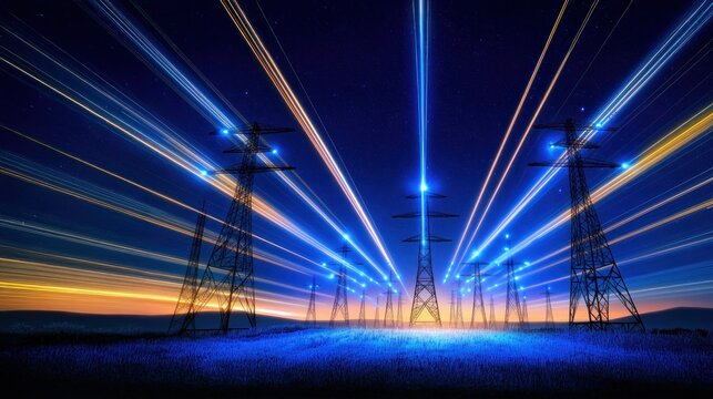 Power grid towers emit blue laser beams into the night sky, Represents World digitalization, Digital Transformation, and the Blockchain powered energy grid