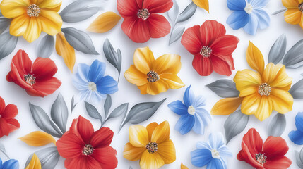 Enchanting watercolor floral pattern featuring vibrant red, yellow, and blue flowers with lush green leaves