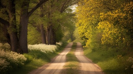 Fototapeta premium Serene Countryside Road Lined with Blooming Wildflowers and Lush Trees in Sunlight