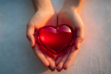 Obraz premium Hands gently uplifting soft red heart representing empathy nurturing and youth advocacy on pristine backdrop encouraging inclusive mindset philanthropic gestures and social harmony.