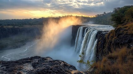 Obraz premium Majestic waterfall cascades at sunrise national park nature photography scenic environment panoramic view tranquility