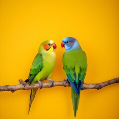 Fototapeta premium Two green and blue parakeets sitting on a branch looking at each other with a yellow background