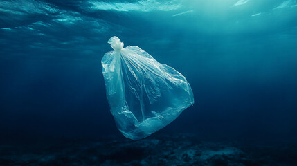 Fototapeta premium Underwater image of a plastic bag drifting in dark blue ocean water, showcasing the environmental issue of plastic pollution and its impact on marine life