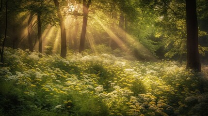 Fototapeta premium Serene Forest Meadow Bathed in Golden Light Trees and Wildflowers Tranquil Landscape Scene