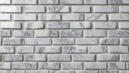 Naklejka premium White marble brick wall with varying shades of white and gray tiles arranged in a staggered brick pattern perfect for modern interior design.