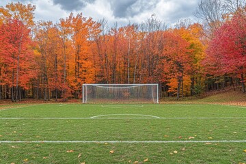 Soccer goal amidst vibrant autumn foliage in a peaceful rural setting