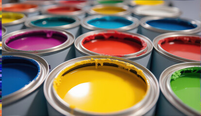 Fototapeta premium vibrant collection of open paint cans showcases spectrum of colors, including yellow, red, blue, and green, ready for creative projects. image captures vivid hues and smooth texture of paint