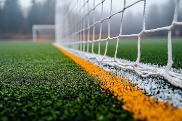 View of a soccer goal net and field during an overcast morning at a local sports complex in autumn