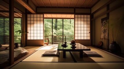 Serene Interior Featuring Table Setting in a Japanese Room With Garden View and Tranquil Atmosphere