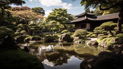 Fototapeta premium Serene Japanese Garden with a Reflective Pond and Tranquil Tea House Amid Lush Greenery and Rocks