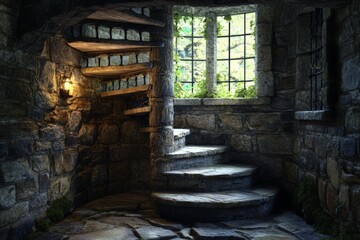 Spiral stone staircase leads to a sunlit window surrounded by lush greenery in an ancient setting