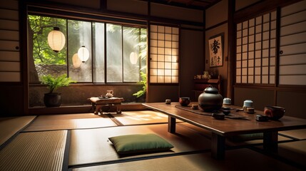 Serene Japanese Tea Ceremony Setting with Tatami Mats and Lanterns Ambient Lighting Indoors