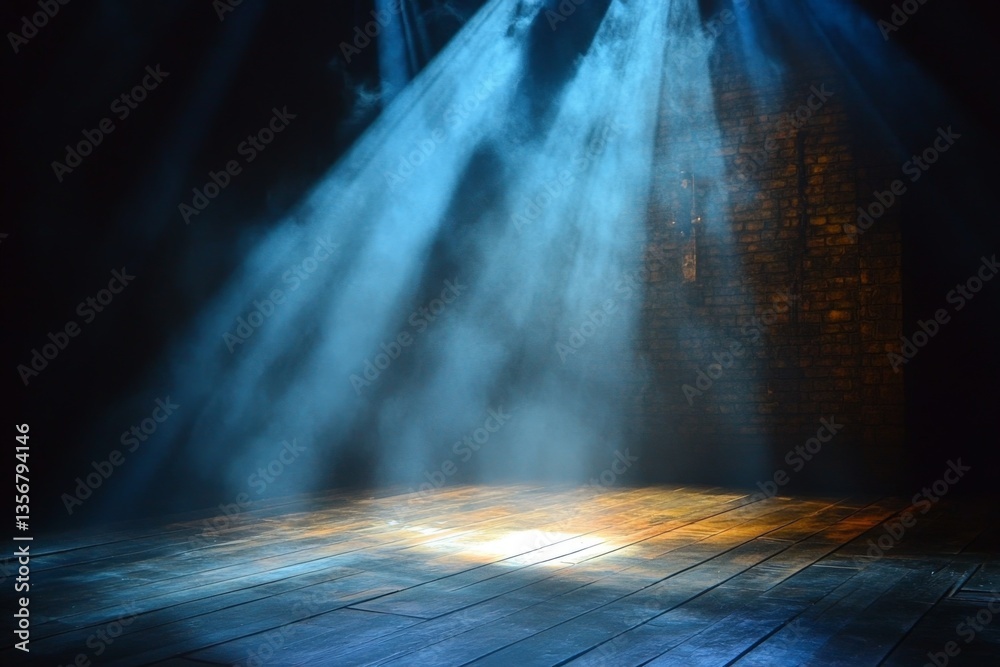 Poster dramatic lighting illuminates an empty stage in a theater during a performance