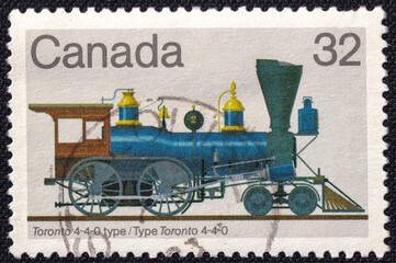 Canadian stamp from 1983 featuring a Toronto 4-4-0 type steam locomotive "Toronto", 1853.