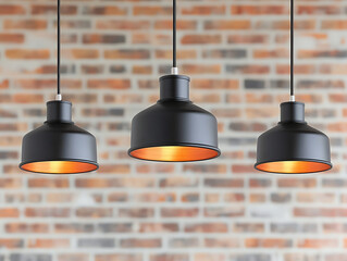 Obraz premium Stylish black pendant lights hang against rustic brick wall, showcasing modern design that emphasizes environmental reuse