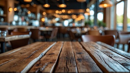 Wooden table foreground with rustic texture and warm tones, blurred restaurant interior in backdrop with bokeh lights and soft focus ambiance.