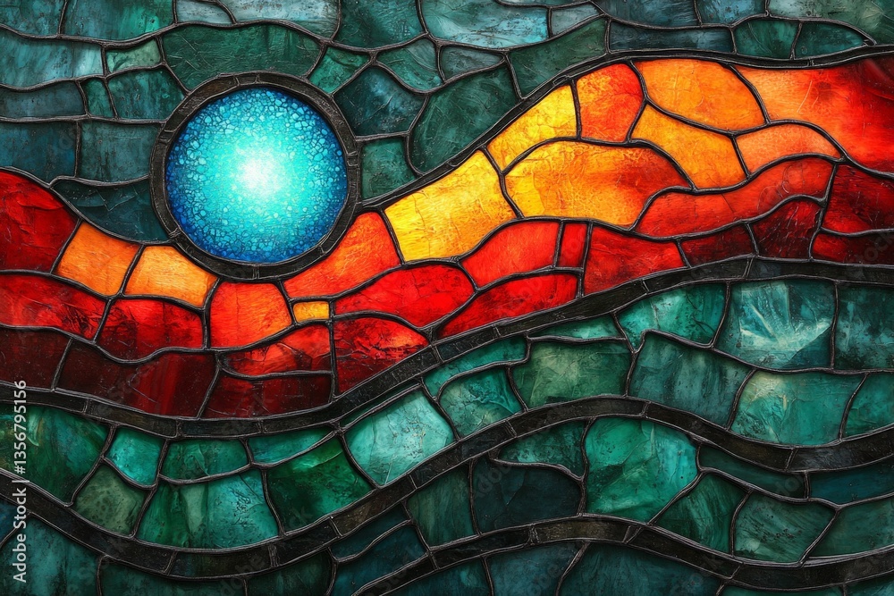 Poster Colorful stained glass panel showcasing abstract waves and a glowing orb set against a vivid background