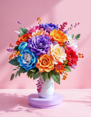 Naklejka premium A colorful bouquet of flowers in a white vase on a pink background