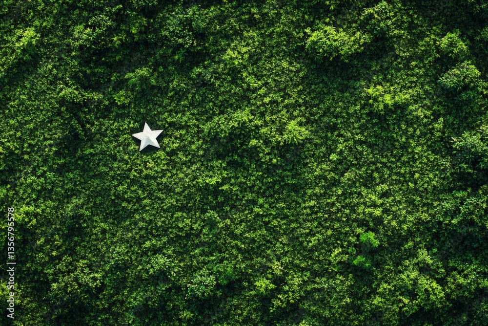 Poster green foliage with a single white star hidden among the trees in a dense forest setting during dayli