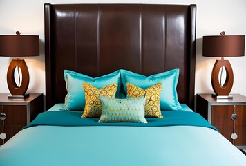 Contemporary Bedroom with Turquoise Bedding and Wooden Furniture

