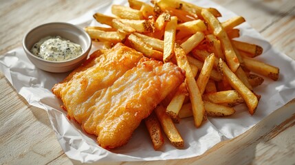 Minimalist view of classic British fish and chips served with tartar sauce