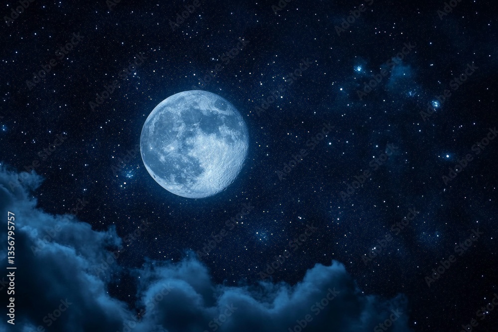 Aufkleber bright full moon illuminating a starry night sky over wispy clouds in a tranquil setting