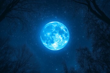 Fototapeta premium Expect a mesmerizing night with a bright blue moon illuminating the star-filled sky above silhouetted trees in a serene landscape