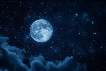 Bright full moon illuminating a starry night sky over wispy clouds in a tranquil setting