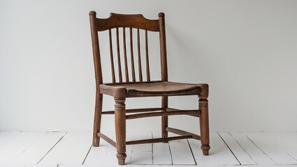 Rustic wooden chair with slatted back resting on white wooden floor against a light gray background showcasing natural texture and simplicity
