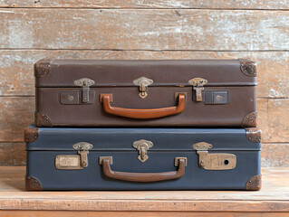 Vintage suitcases stacked on wooden table create nostalgic atmosphere, showcasing environmental reuse in travel accessories