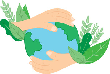  Hands protecting the Earth with green leaves around it 
