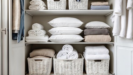 Organized linen closet with white towels, pillows, and woven baskets arranged neatly on light shelves against a soft gray background.