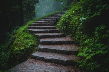 Stairs winding through lush forest greenery in early morning mist near hiking trail