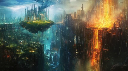 Fototapeta premium Futuristic cityscape with floating islands and contrasting elemental landscapes showcasing technology and nature in harmony