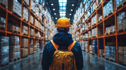 A warehouse worker wearing a hard hat and backpack surveys the well organized inventory in a logistics facility. Shelves are lined with boxes, reflecting efficient storage practices.