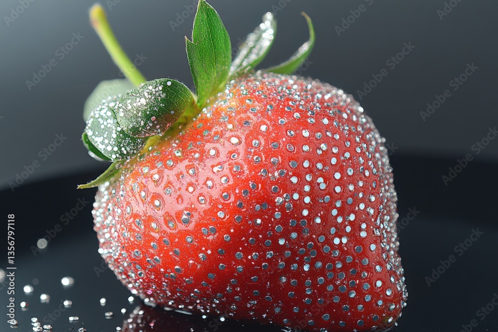 Poster Fresh strawberry with sparkling droplets resting on a dark surface in a studio setting