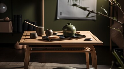 Serene Still Life with Green Ceramic Vase and Tea Set on Wooden Table for Contemplative Moment