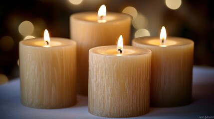 Thin wax candles softly illuminate a quiet space, creating a serene ambiance