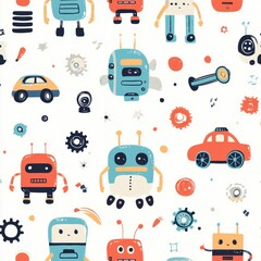 Colorful seamless pattern featuring cartoon toy robots, cars, gears, and bolts with a cute futuristic theme for baby decor Generative AI